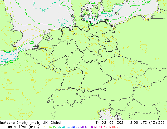 Izotacha (mph) UK-Global czw. 02.05.2024 18 UTC
