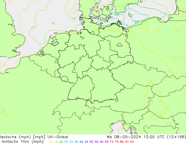 Isotachen (mph) UK-Global wo 08.05.2024 12 UTC