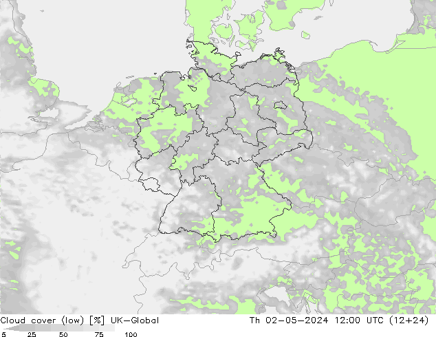 Cloud cover (low) UK-Global Th 02.05.2024 12 UTC