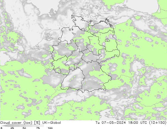 Cloud cover (low) UK-Global Tu 07.05.2024 18 UTC