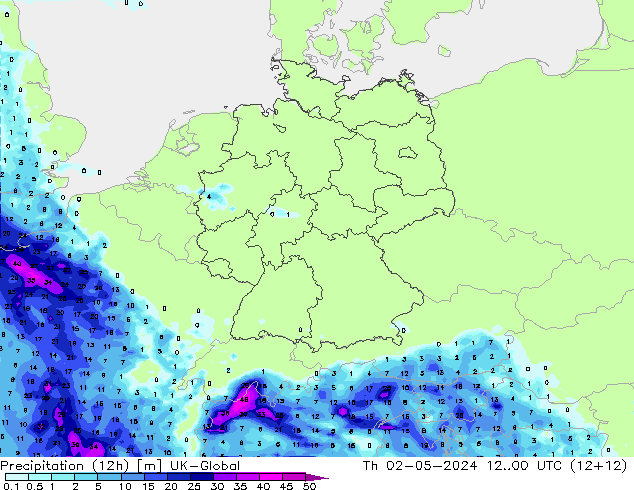 Precipitation (12h) UK-Global Th 02.05.2024 00 UTC