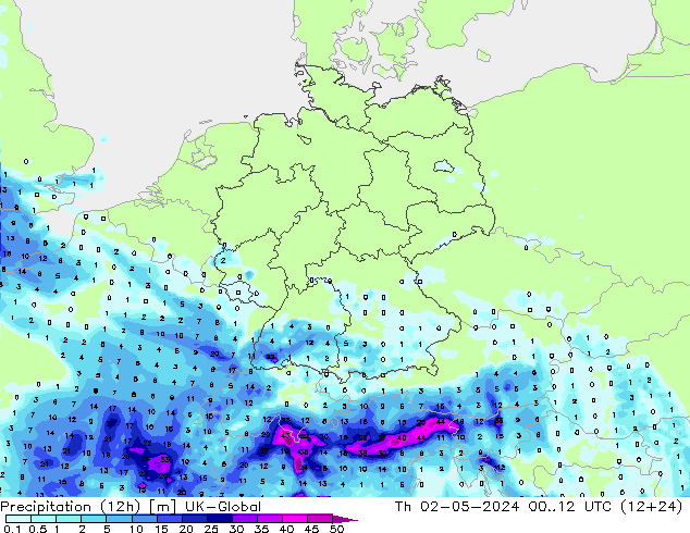 Precipitation (12h) UK-Global Th 02.05.2024 12 UTC