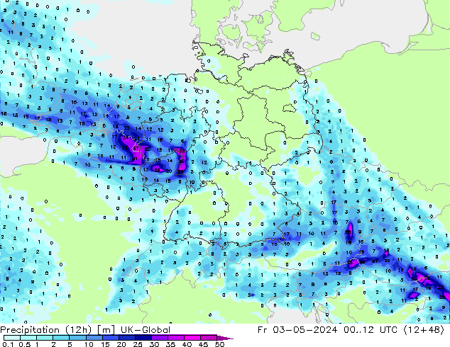 Precipitation (12h) UK-Global Fr 03.05.2024 12 UTC