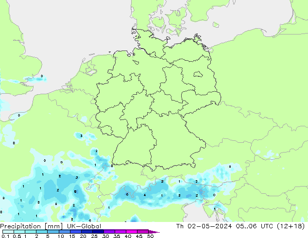 Precipitation UK-Global Th 02.05.2024 06 UTC