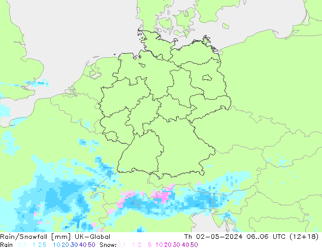 Rain/Snowfall UK-Global gio 02.05.2024 06 UTC