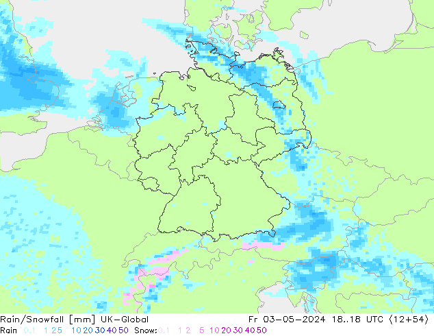 Rain/Snowfall UK-Global Fr 03.05.2024 18 UTC