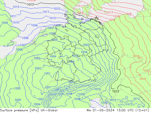 Surface pressure UK-Global We 01.05.2024 13 UTC