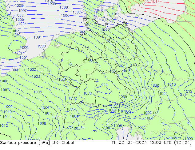 Pressione al suolo UK-Global gio 02.05.2024 12 UTC