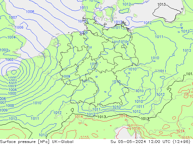 Pressione al suolo UK-Global dom 05.05.2024 12 UTC