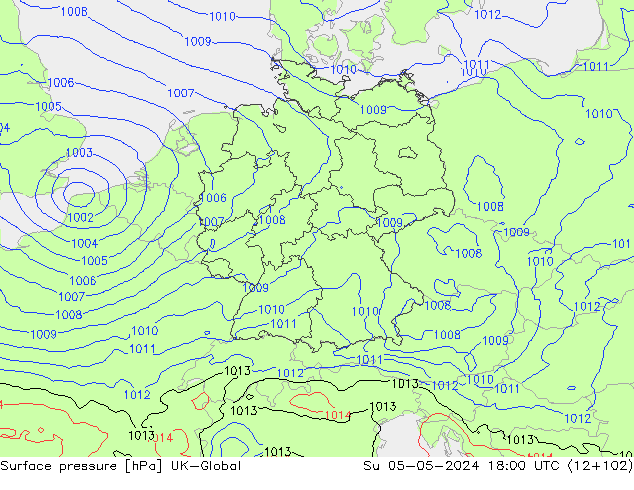 Pressione al suolo UK-Global dom 05.05.2024 18 UTC