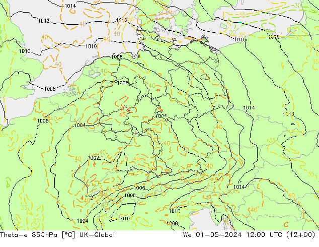 Theta-e 850hPa UK-Global  01.05.2024 12 UTC
