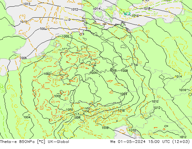 Theta-e 850hPa UK-Global We 01.05.2024 15 UTC