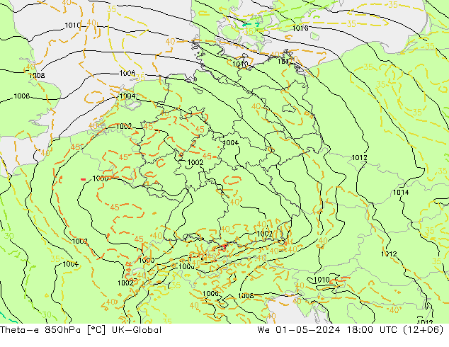 Theta-e 850hPa UK-Global St 01.05.2024 18 UTC