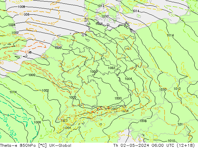 Theta-e 850hPa UK-Global Per 02.05.2024 06 UTC
