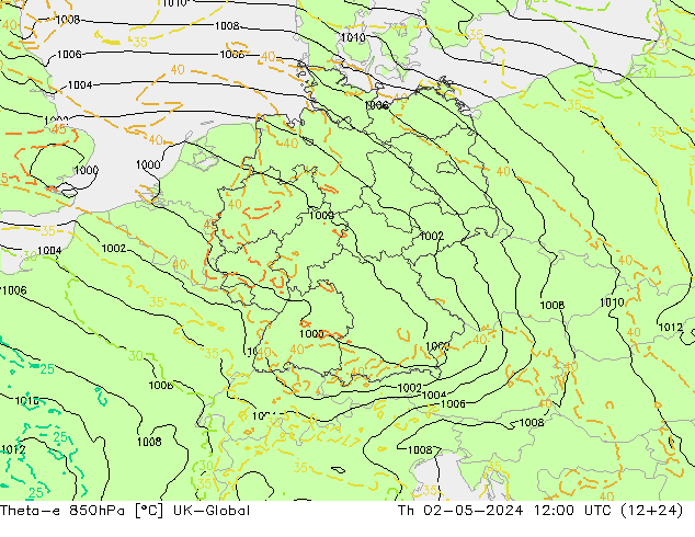 Theta-e 850hPa UK-Global do 02.05.2024 12 UTC