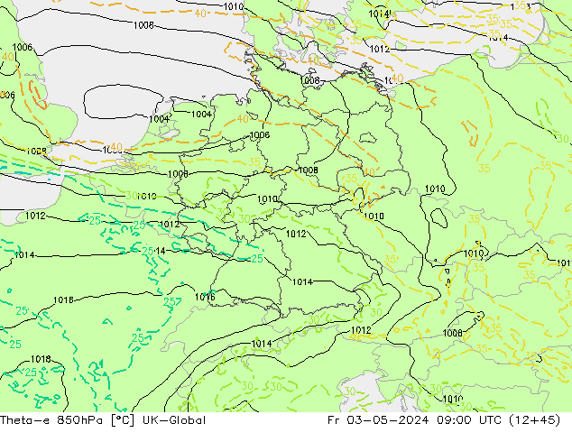 Theta-e 850hPa UK-Global Fr 03.05.2024 09 UTC