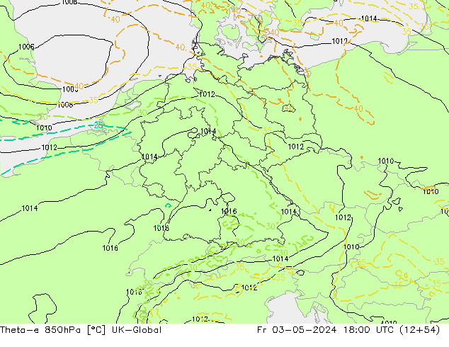 Theta-e 850hPa UK-Global Pá 03.05.2024 18 UTC