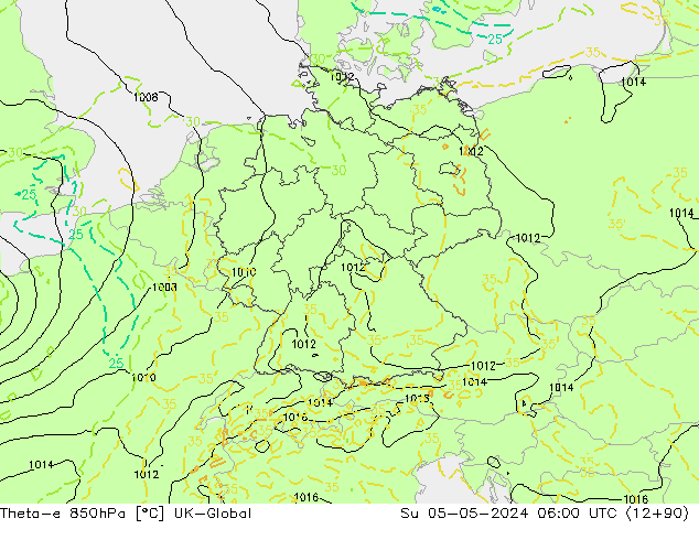 Theta-e 850hPa UK-Global Su 05.05.2024 06 UTC