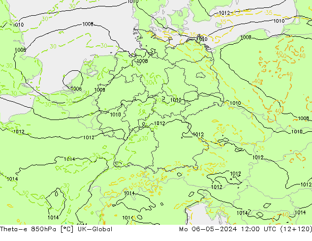 Theta-e 850hPa UK-Global Mo 06.05.2024 12 UTC