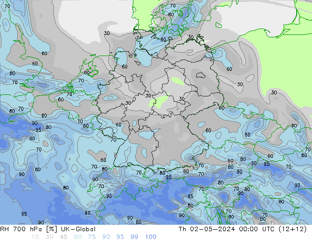 RH 700 hPa UK-Global Qui 02.05.2024 00 UTC