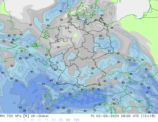 RH 700 hPa UK-Global Th 02.05.2024 06 UTC