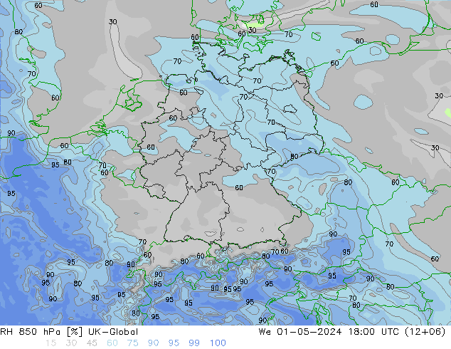 Humedad rel. 850hPa UK-Global mié 01.05.2024 18 UTC