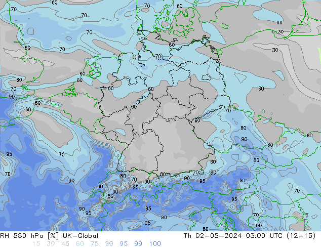 Humidité rel. 850 hPa UK-Global jeu 02.05.2024 03 UTC