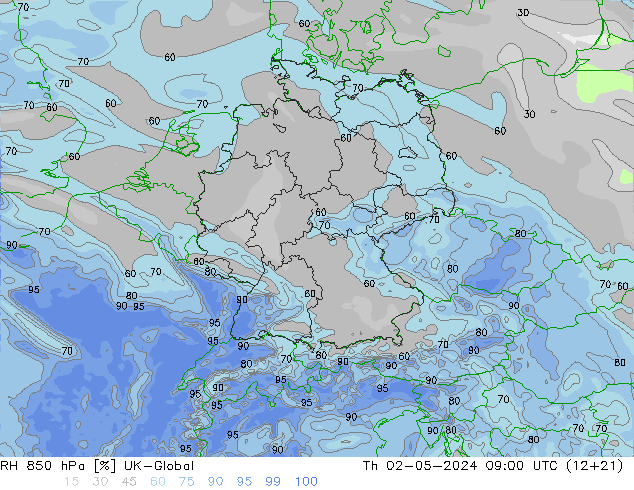 RH 850 hPa UK-Global czw. 02.05.2024 09 UTC