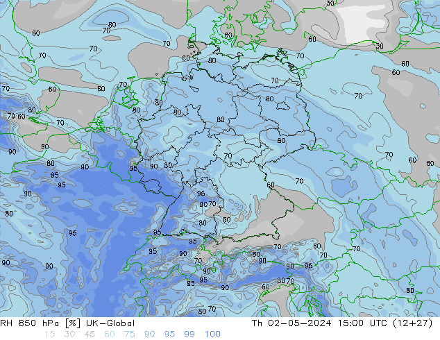 Humidité rel. 850 hPa UK-Global jeu 02.05.2024 15 UTC