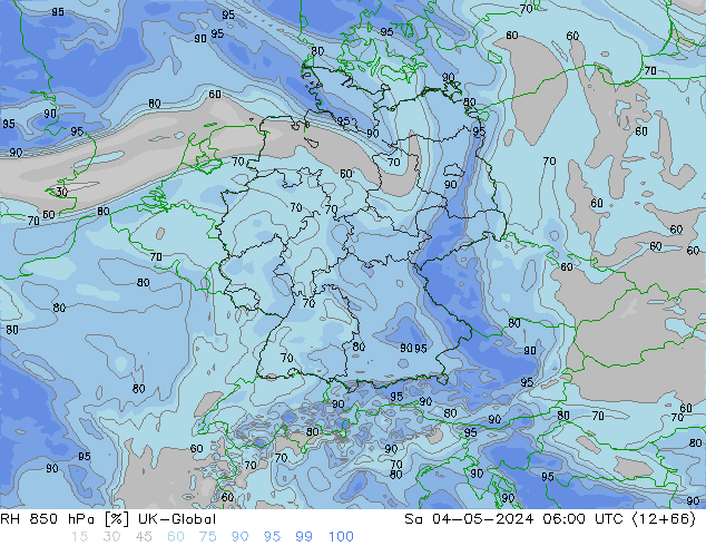 Humidité rel. 850 hPa UK-Global sam 04.05.2024 06 UTC