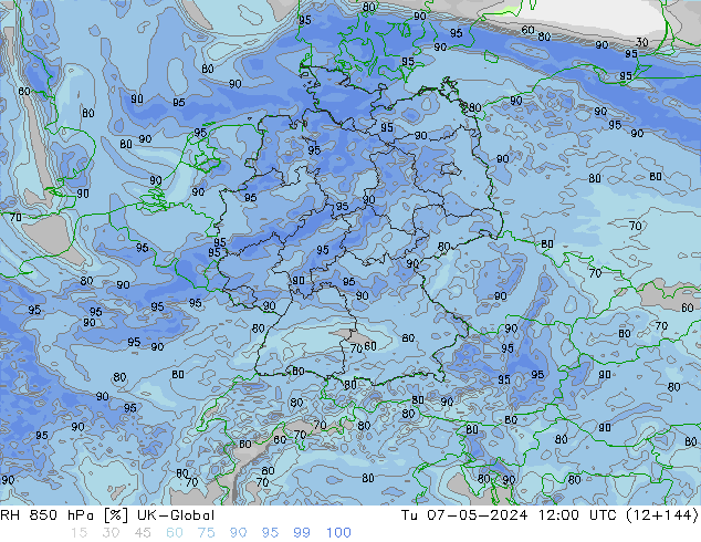 Humidité rel. 850 hPa UK-Global mar 07.05.2024 12 UTC