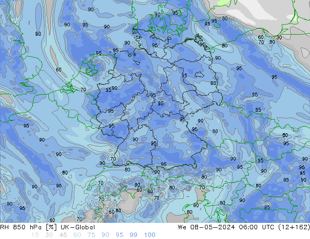 Humidité rel. 850 hPa UK-Global mer 08.05.2024 06 UTC