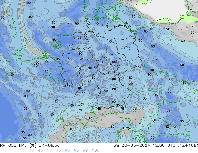 850 hPa Nispi Nem UK-Global Çar 08.05.2024 12 UTC