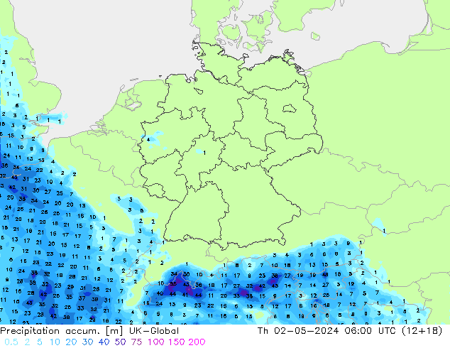 Precipitation accum. UK-Global Qui 02.05.2024 06 UTC