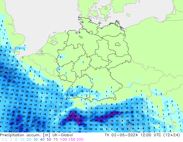 Precipitation accum. UK-Global Th 02.05.2024 12 UTC