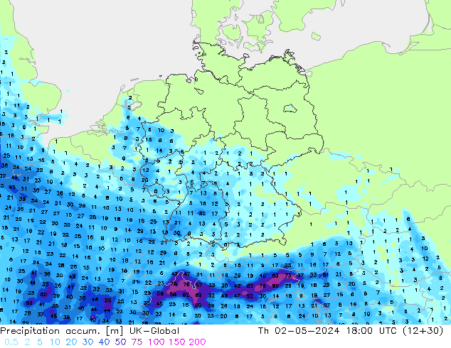 Precipitation accum. UK-Global Qui 02.05.2024 18 UTC