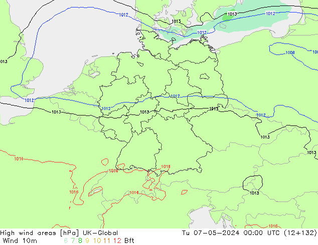 High wind areas UK-Global Út 07.05.2024 00 UTC
