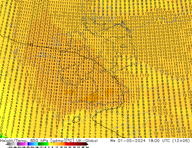 Height/Temp. 850 hPa UK-Global Mi 01.05.2024 18 UTC