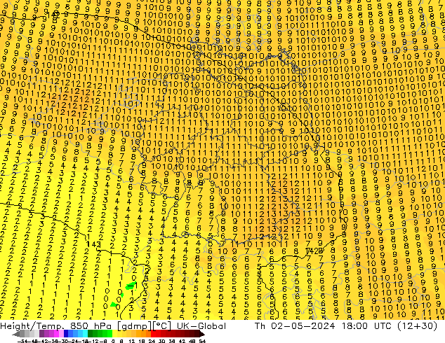 Height/Temp. 850 hPa UK-Global gio 02.05.2024 18 UTC