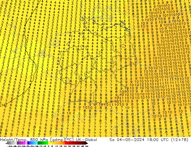 Geop./Temp. 850 hPa UK-Global sáb 04.05.2024 18 UTC