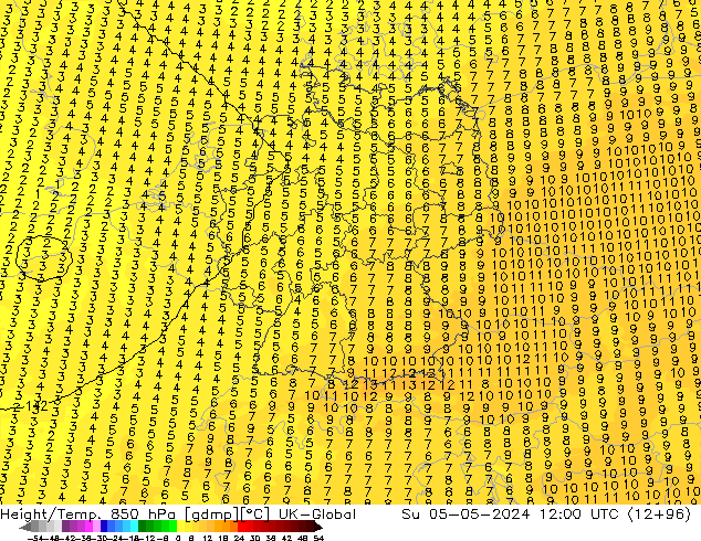 Geop./Temp. 850 hPa UK-Global dom 05.05.2024 12 UTC