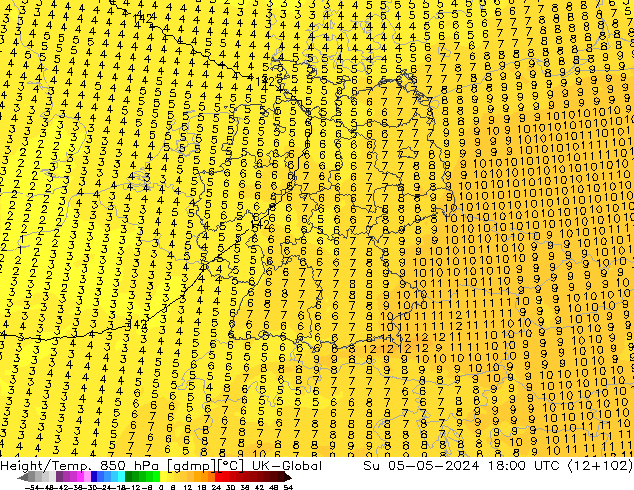 Height/Temp. 850 hPa UK-Global nie. 05.05.2024 18 UTC