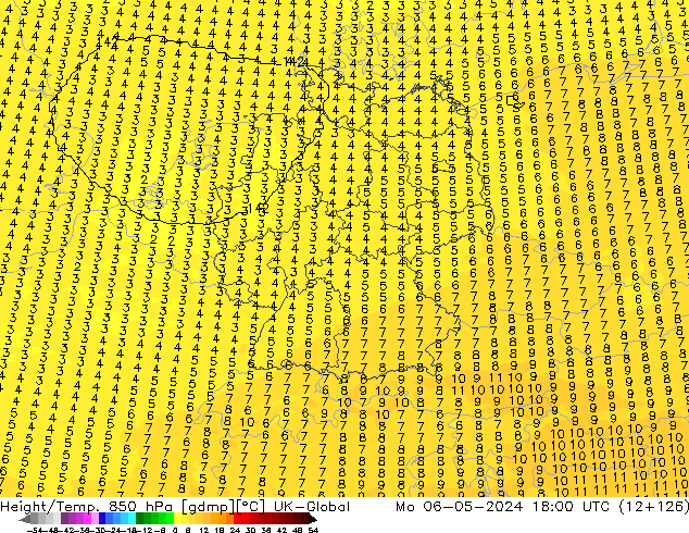 Géop./Temp. 850 hPa UK-Global lun 06.05.2024 18 UTC