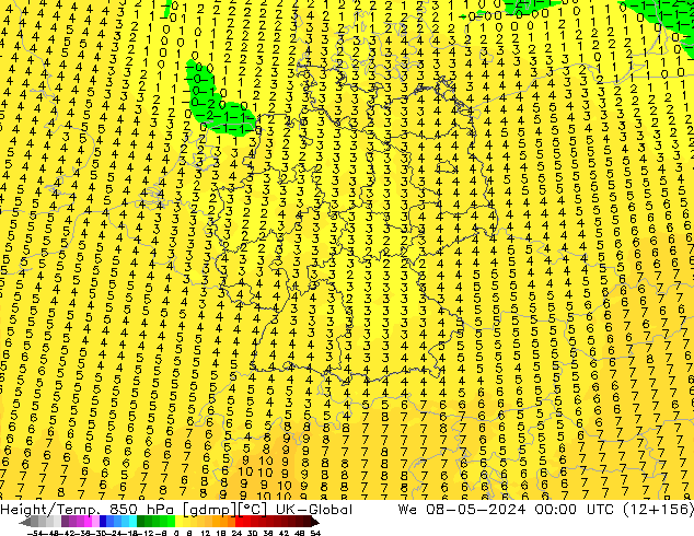 Yükseklik/Sıc. 850 hPa UK-Global Çar 08.05.2024 00 UTC