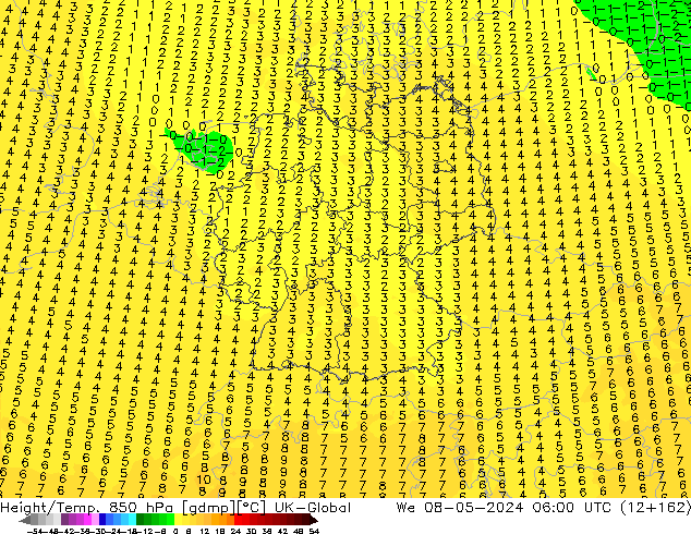 Yükseklik/Sıc. 850 hPa UK-Global Çar 08.05.2024 06 UTC