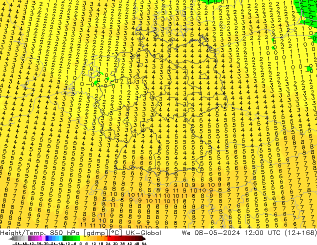 Height/Temp. 850 hPa UK-Global St 08.05.2024 12 UTC