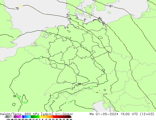 Height/Temp. 950 hPa UK-Global We 01.05.2024 15 UTC