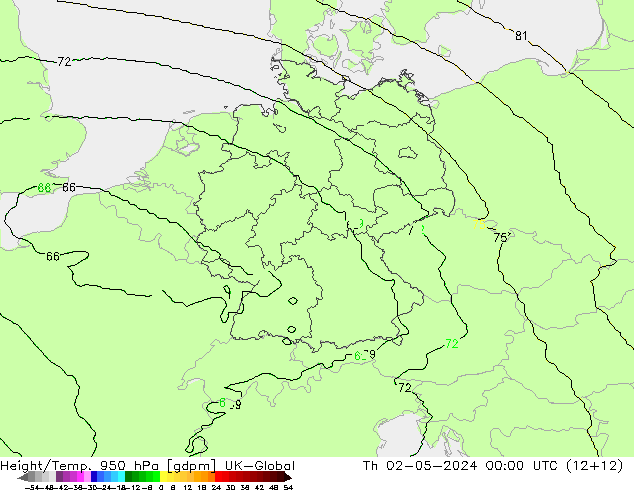 Height/Temp. 950 hPa UK-Global Th 02.05.2024 00 UTC