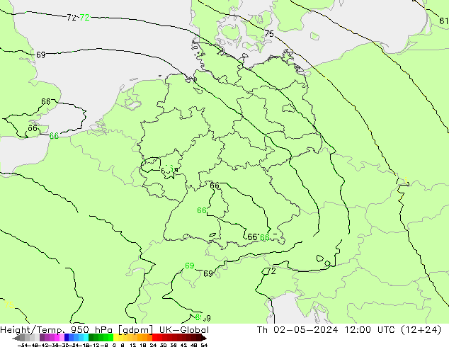 Height/Temp. 950 hPa UK-Global Th 02.05.2024 12 UTC