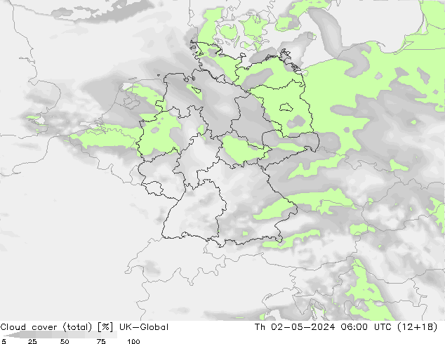 Bewolking (Totaal) UK-Global do 02.05.2024 06 UTC